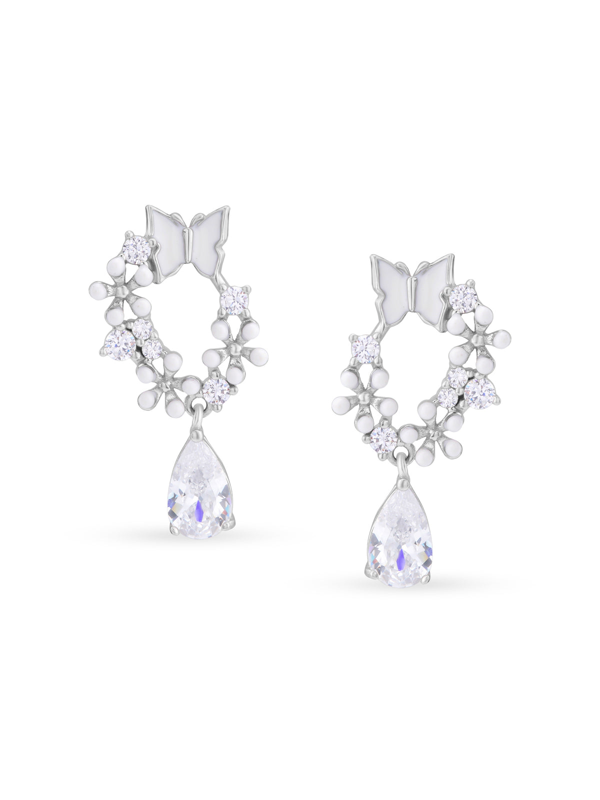 Detailed close up of SIJA Floral Butterfly Drop Earring showing delicate butterfly charm with floral motif craftsmanship
