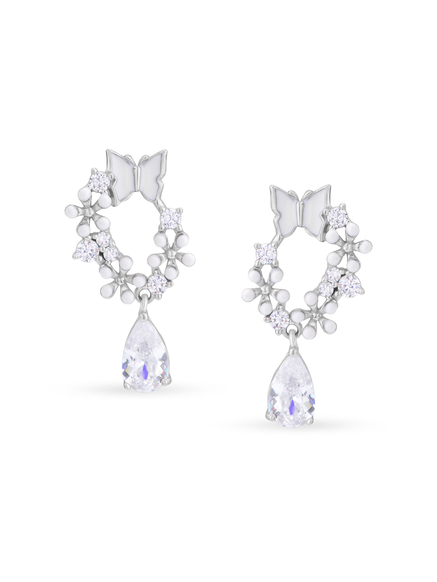 Detailed close up of SIJA Floral Butterfly Drop Earring showing delicate butterfly charm with floral motif craftsmanship