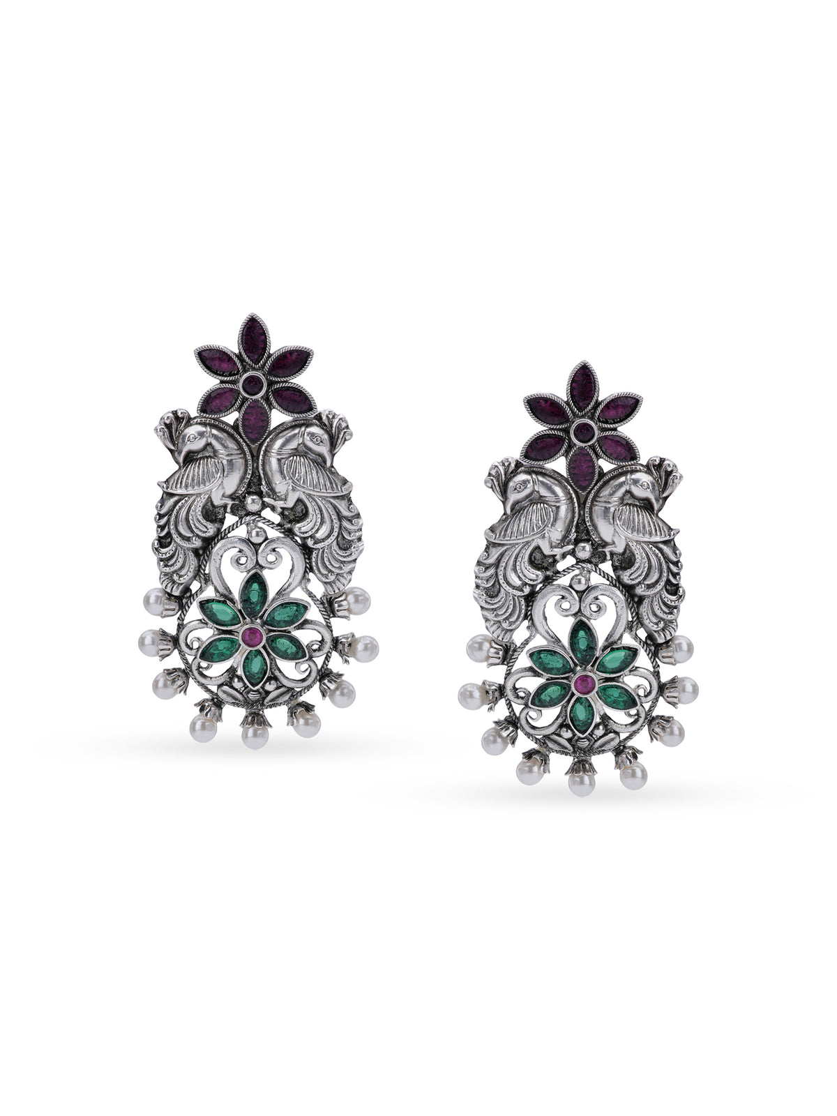 Close‑up of SIJA 925 silver Floral Peacock Earrings showing peacock and floral motif detailing handcrafted sterling silver design