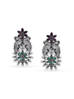 Close‑up of SIJA 925 silver Floral Peacock Earrings showing peacock and floral motif detailing handcrafted sterling silver design