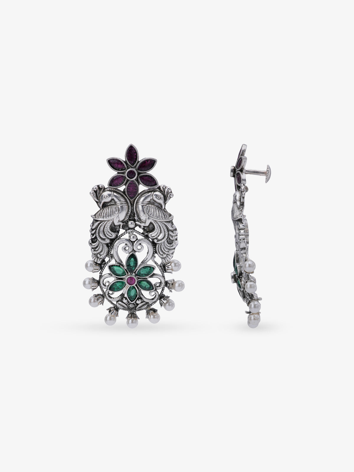 Side profile of SIJA 925 silver Floral Peacock Earrings showing polished edges and durable sterling silver construction