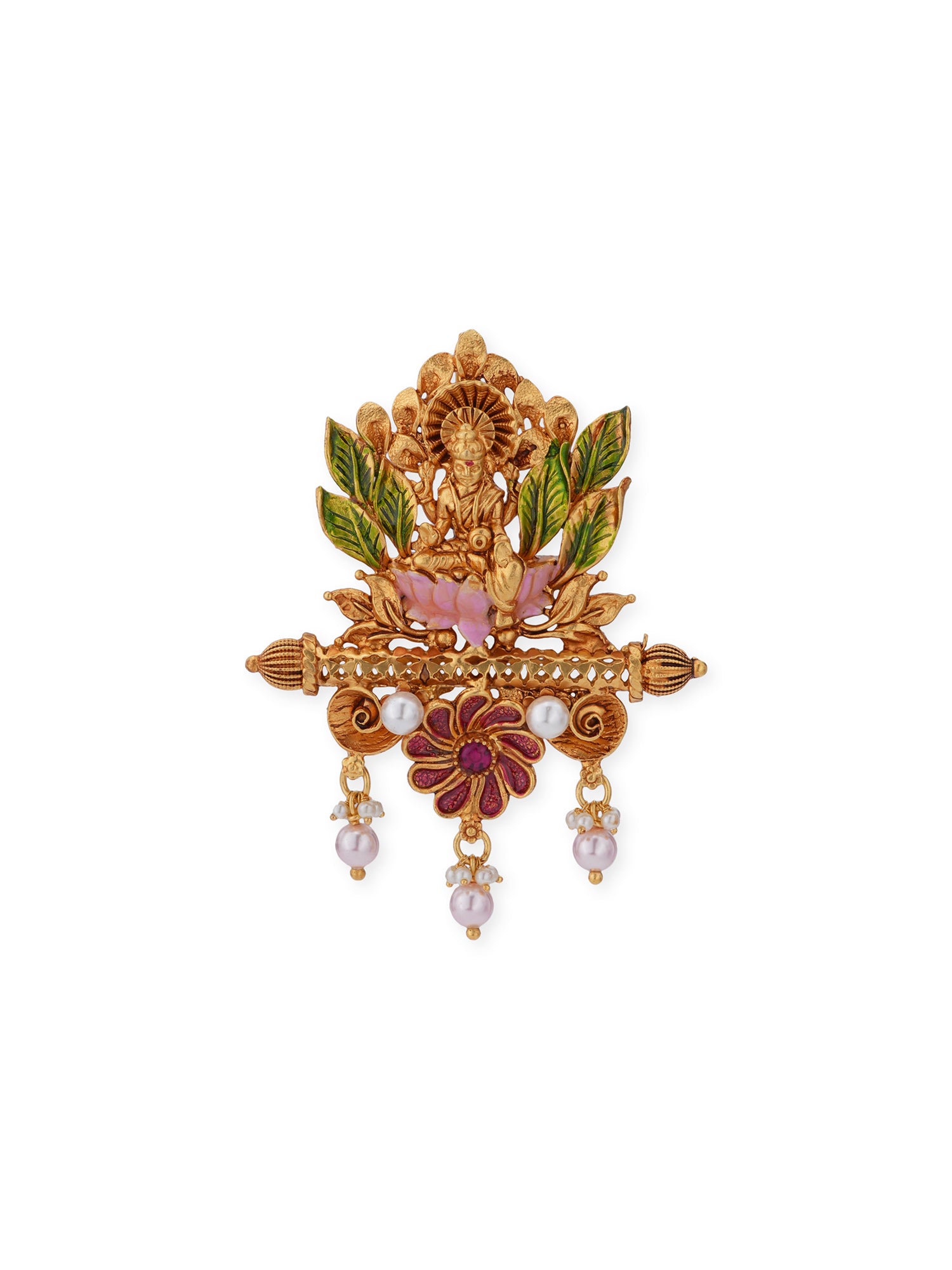 Close-up of antique gold plated Ashta Lakshmi design on 925 hallmarked silver pendant  eight forms of Goddess Lakshmi in traditional South Indian motif