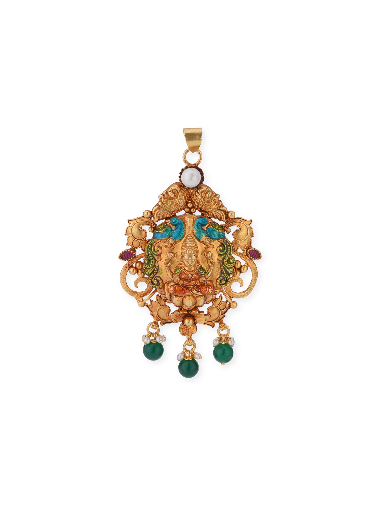 Macro detail of green pearl stone set in SIJA 925 silver gold-plated Lakshmi pendant — vibrant emerald-toned pearl and antique gold combination in handcrafted Indian jewellery