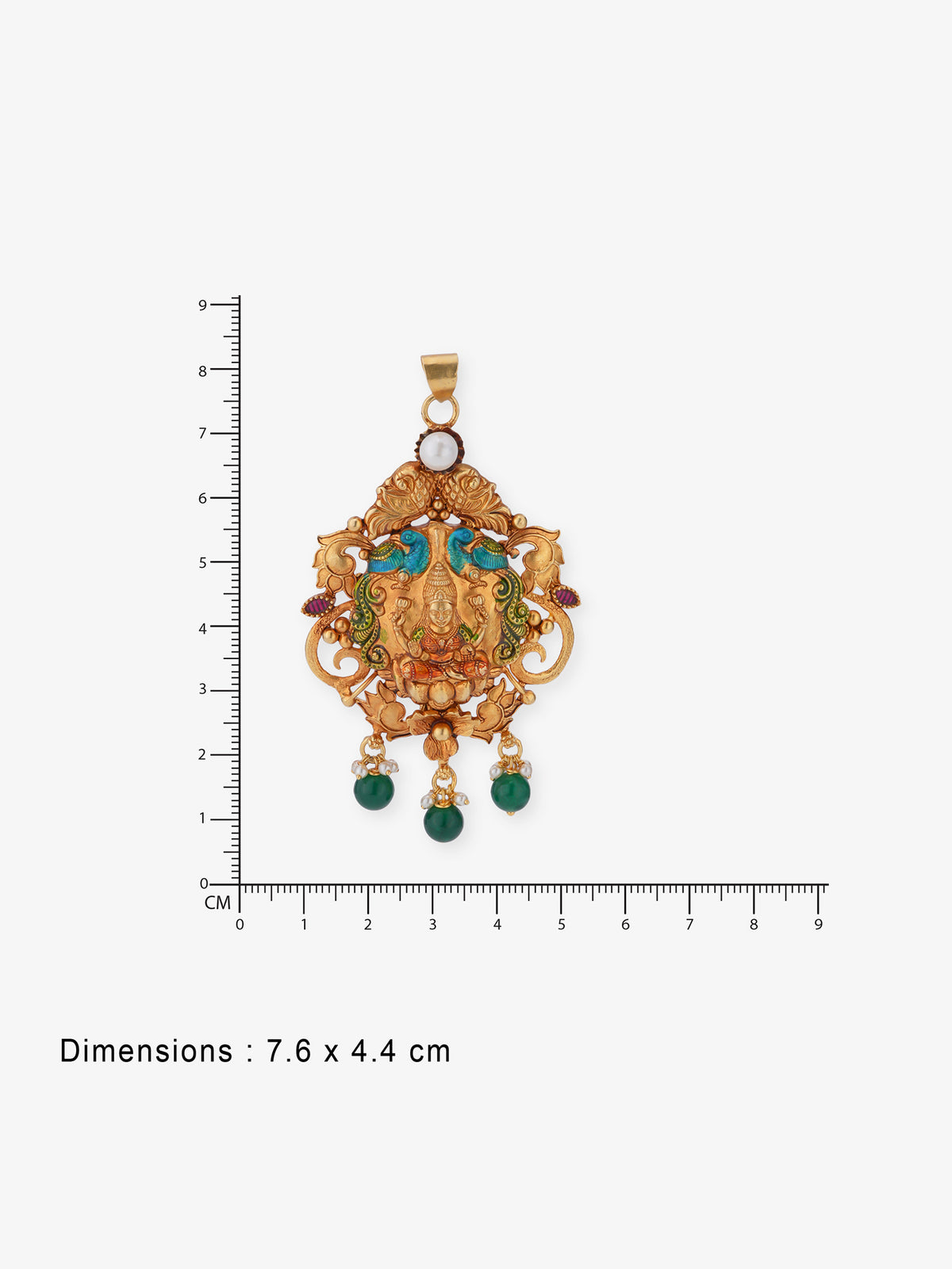 Reverse of SIJA green pearl Lakshmi 925 silver gold-plated pendant showing BIS 925 hallmark stamp certified sterling silver antique gold devotional pendant.
