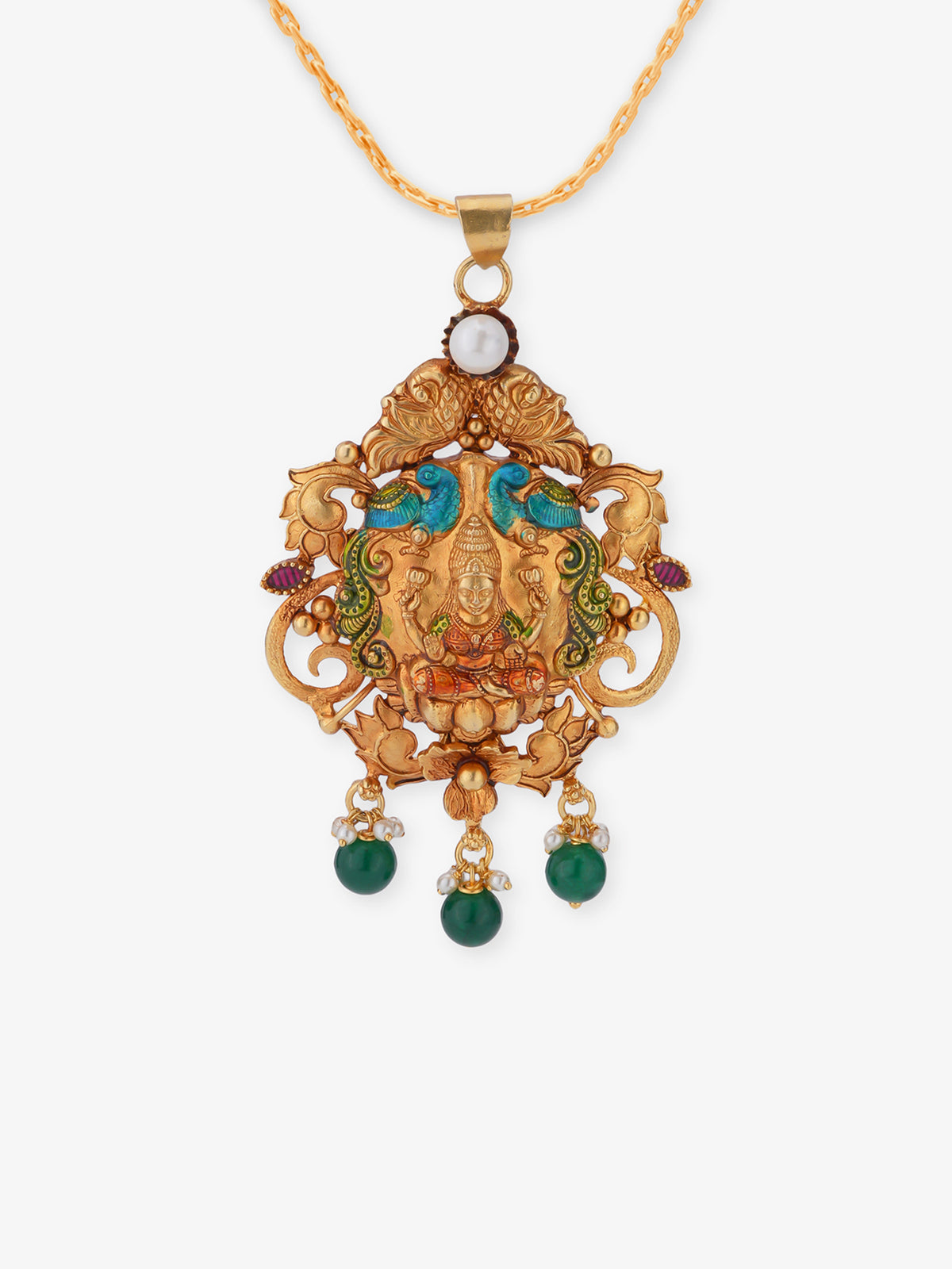 SIJA 925 Sterling Silver Gold Antique Lakshmi Pendant and Earring Set with green pearl gold-plated complete jewellery set for women.