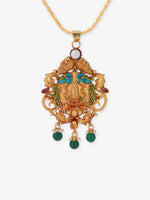 SIJA 925 Sterling Silver Gold Antique Lakshmi Pendant and Earring Set with green pearl gold-plated complete jewellery set for women.