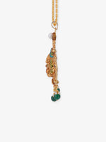 SIJA gold antique Lakshmi 925 silver pendant and matching green pearl earrings displayed side by side — coordinated gold-plated religious jewellery set for women