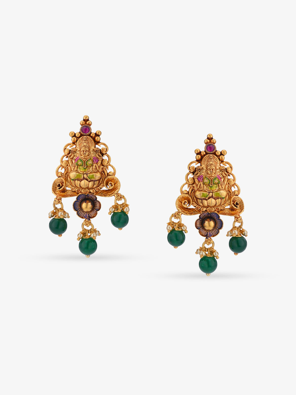 Close-up of SIJA 925 sterling silver antique gold-plated Lakshmi earrings with green pearl drops traditional South Indian Doops style for festive and temple occasions