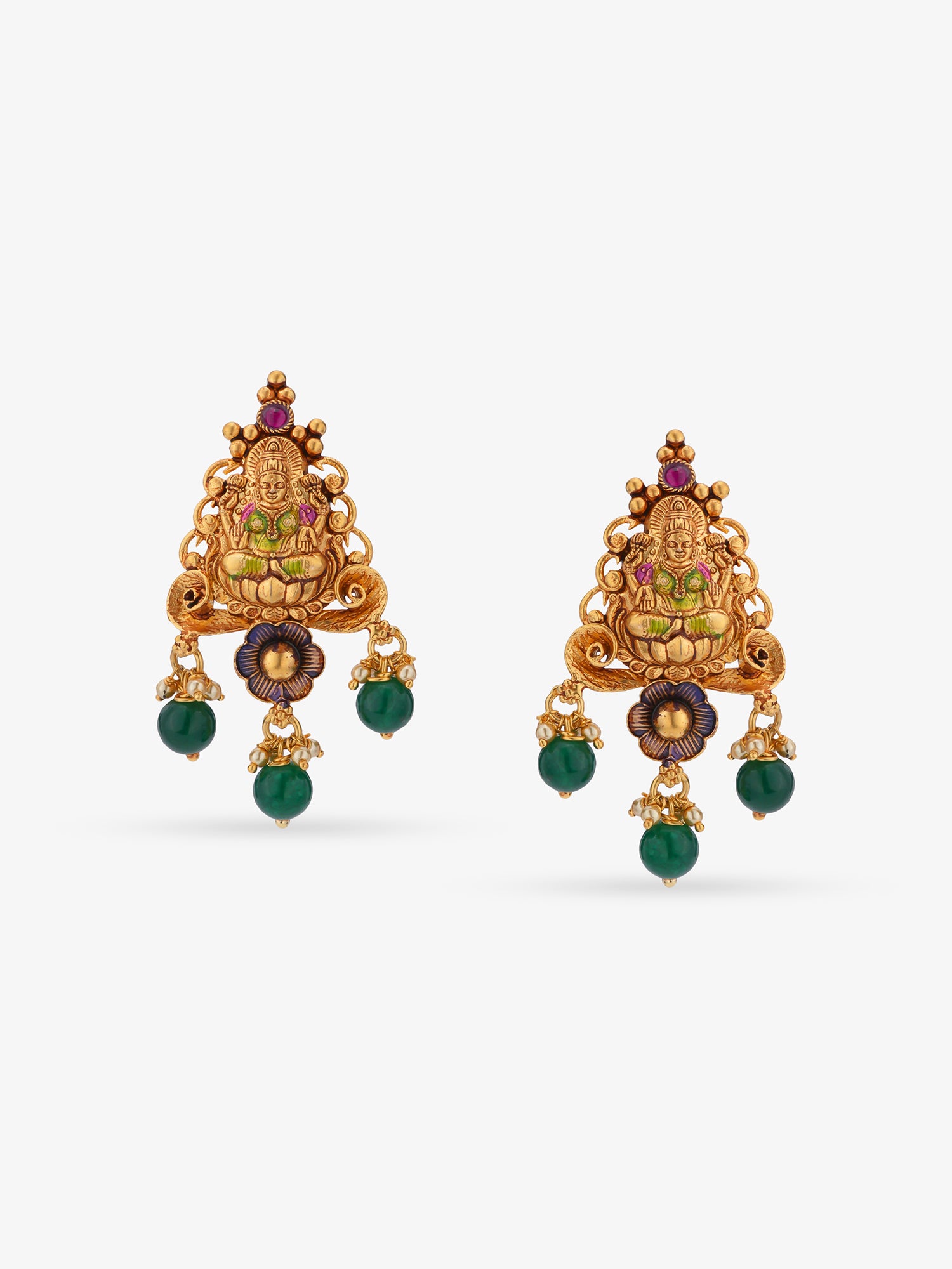 Close-up of SIJA 925 sterling silver antique gold-plated Lakshmi earrings with green pearl drops traditional South Indian Doops style for festive and temple occasions