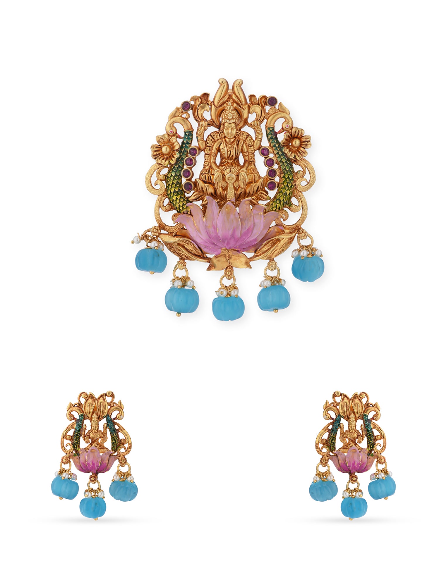 SIJA 925 silver gold antique Kubera Lakshmi pendant and earring set worn by woman on silk saree gold plated devotional jewellery se