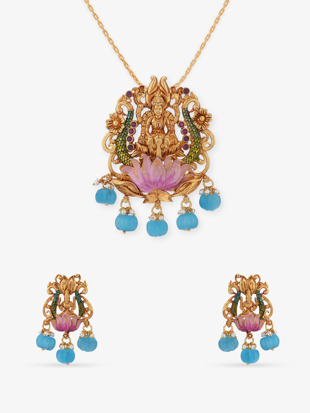 SIJA 925 Sterling Silver Gold Antique Kubera Lakshmi Pendant and Earring Set gold plated full front hero view of traditional South Indian goddess jewellery set for women
