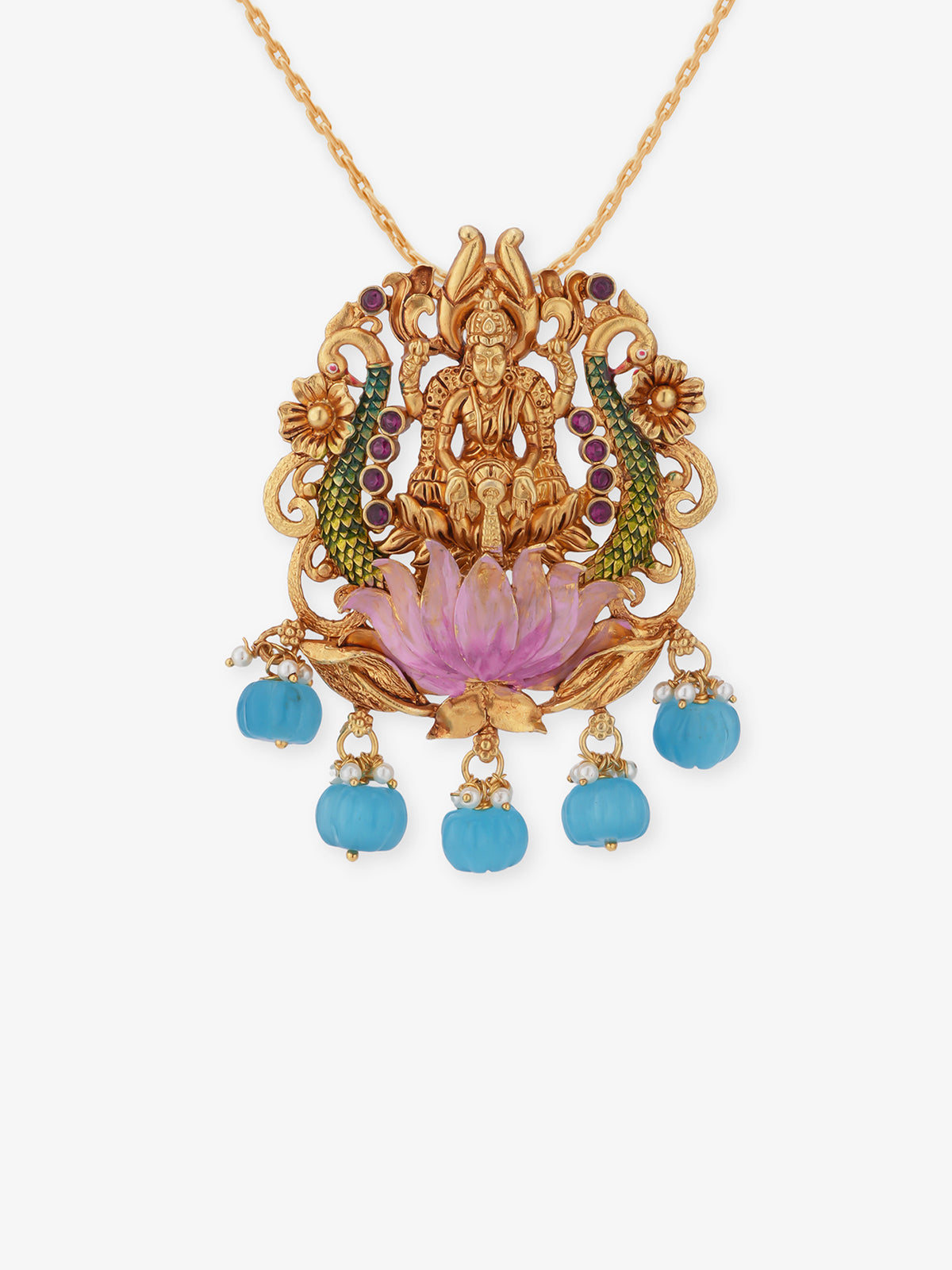 Side profile view of SIJA 925 silver gold antique Kubera Lakshmi pendant showing bail loop pendant thickness antique gold plated edge relief and chain compatibility for women