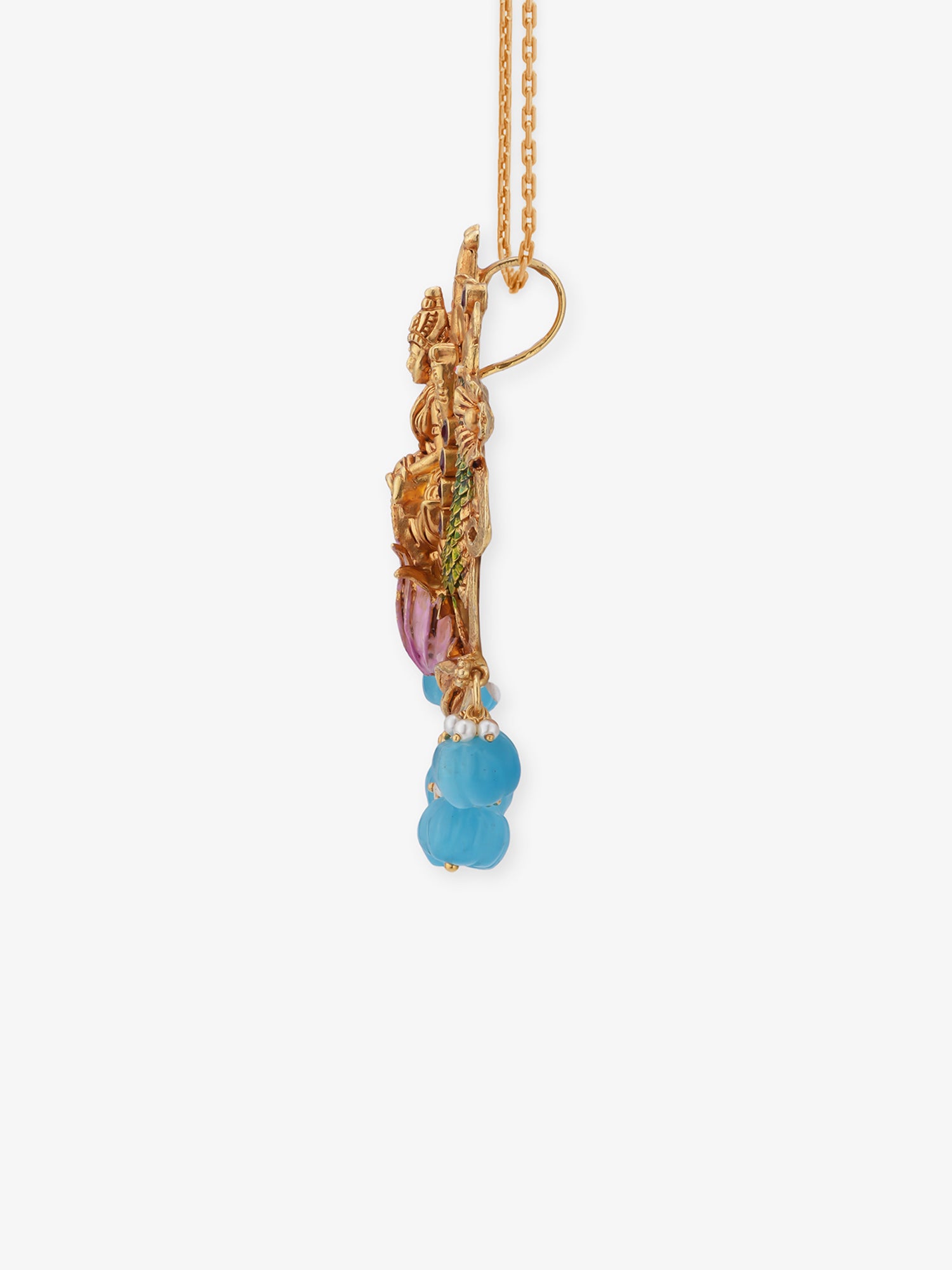 Side profile view of SIJA 925 silver gold antique Kubera Lakshmi pendant showing bail loop pendant thickness antique gold plated edge relief and chain compatibility for women