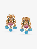 Close-up of SIJA 925 silver Kubera Lakshmi gold antique plated earrings showing matching goddess motif fine engraving and handcrafted South Indian temple jewellery craftsmanship