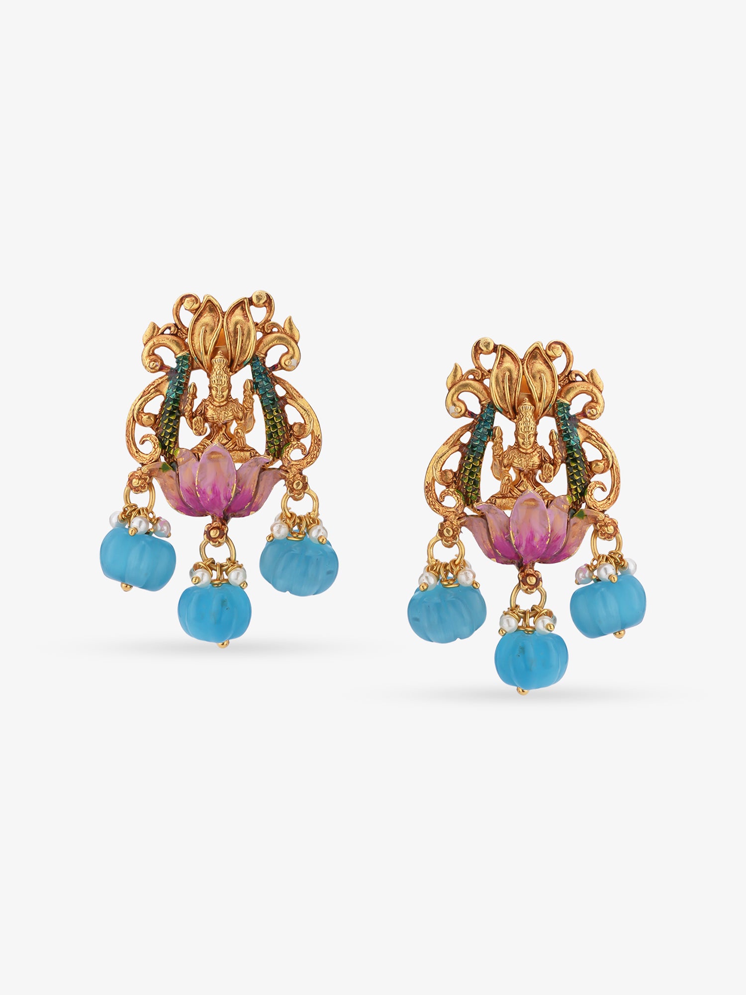 Close-up of SIJA 925 silver Kubera Lakshmi gold antique plated earrings showing matching goddess motif fine engraving and handcrafted South Indian temple jewellery craftsmanship