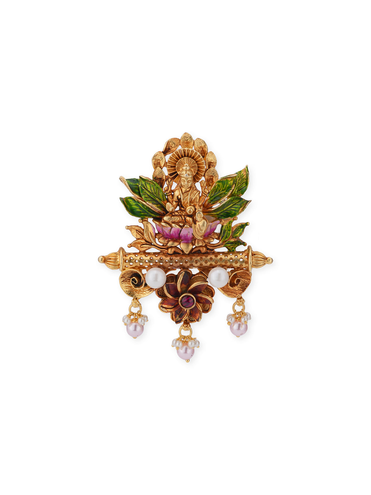 Close-up of intricate leaf pattern border on SIJA 925 silver Lakshmi Devi antique gold-plated pendant — fine botanical motif engraving in traditional South Indian temple jewellery craftsmanship