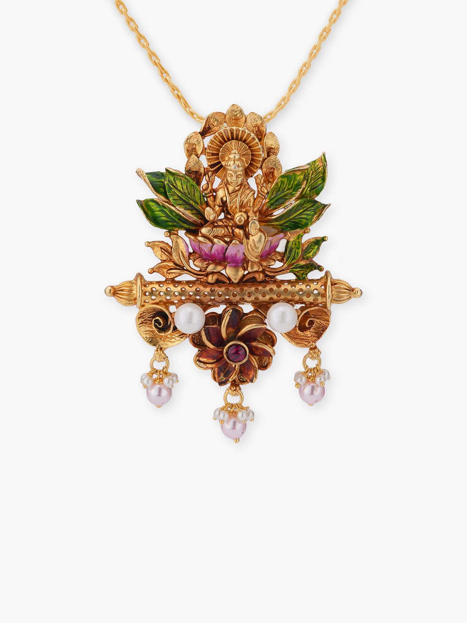 SIJA 925 Sterling Silver Gold Antique Lakshmi Devi Leaf Pattern Pendant — gold-plated hero front view of nature-inspired goddess pendant for women