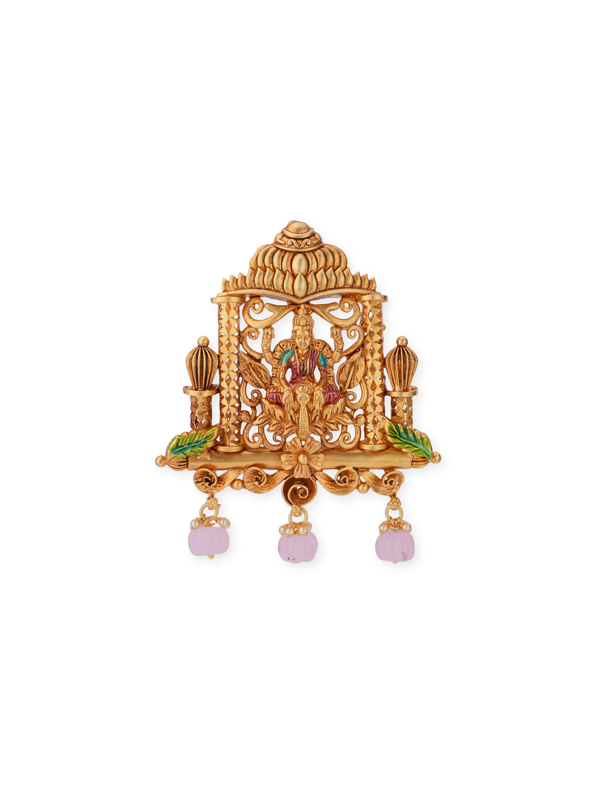 Close-up of royal palanquin carving on SIJA 925 silver antique gold-plated Lakshmi Devi pendant — intricate palki architecture and fine hand-engraved temple jewellery craftsmanship