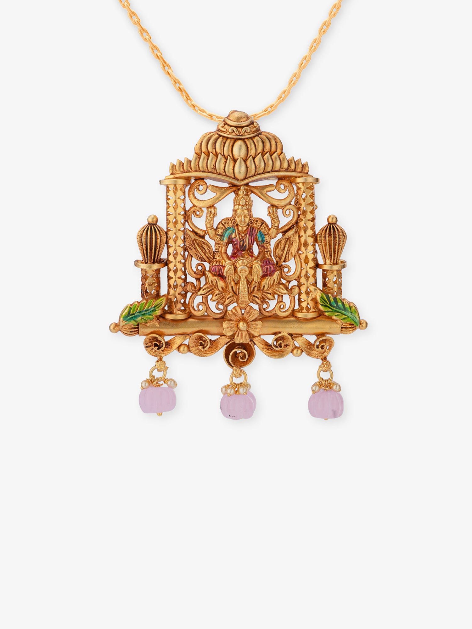 SIJA 925 Sterling Silver Gold Antique Lakshmi Devi Palanquin Pendant — gold-plated front view of rare palki motif devotional pendant for women