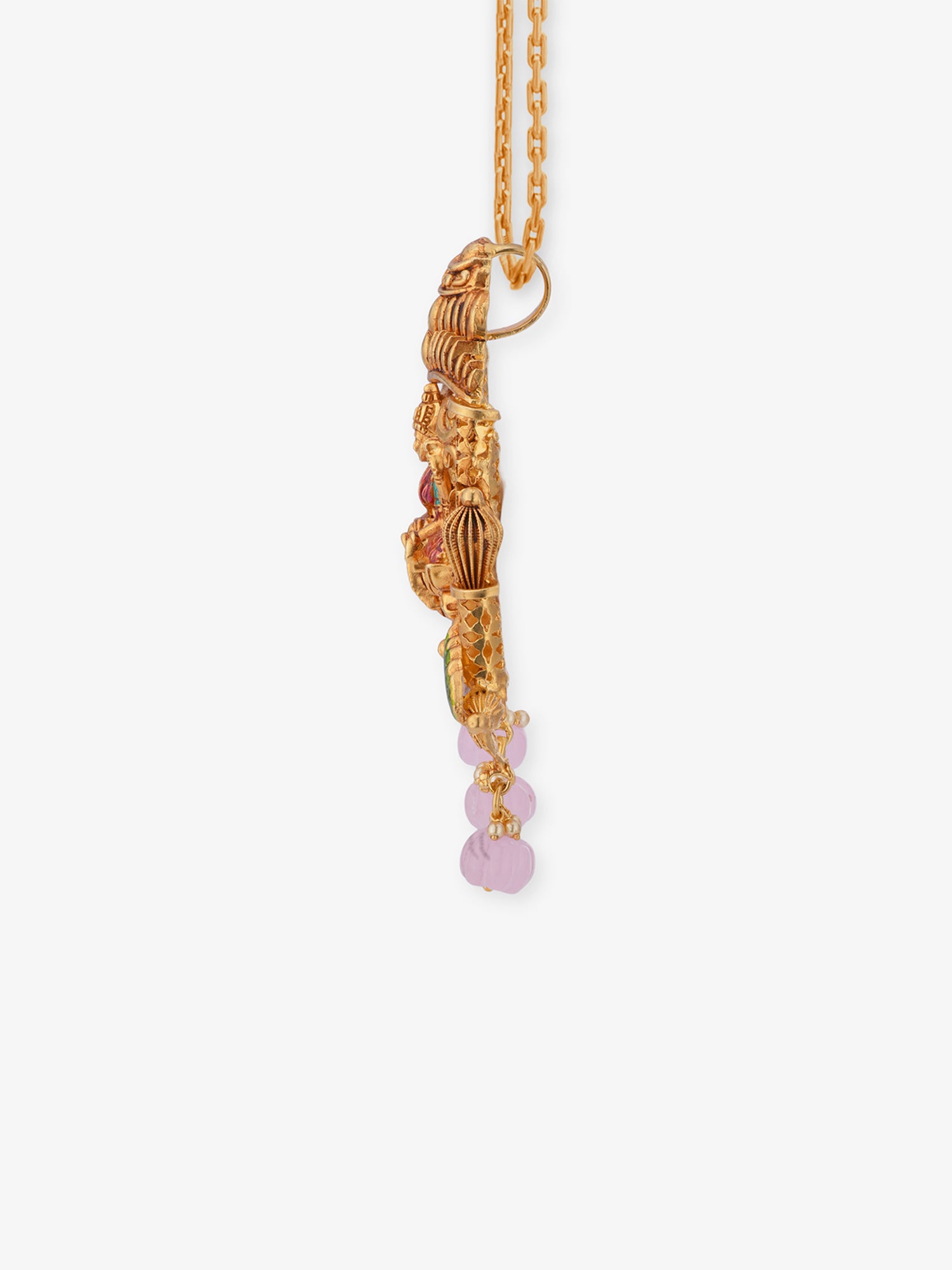 Macro view of Goddess Lakshmi Devi seated inside palanquin on SIJA 925 gold-plated antique silver pendant ornate deity figure in traditional South Indian religious jewellery