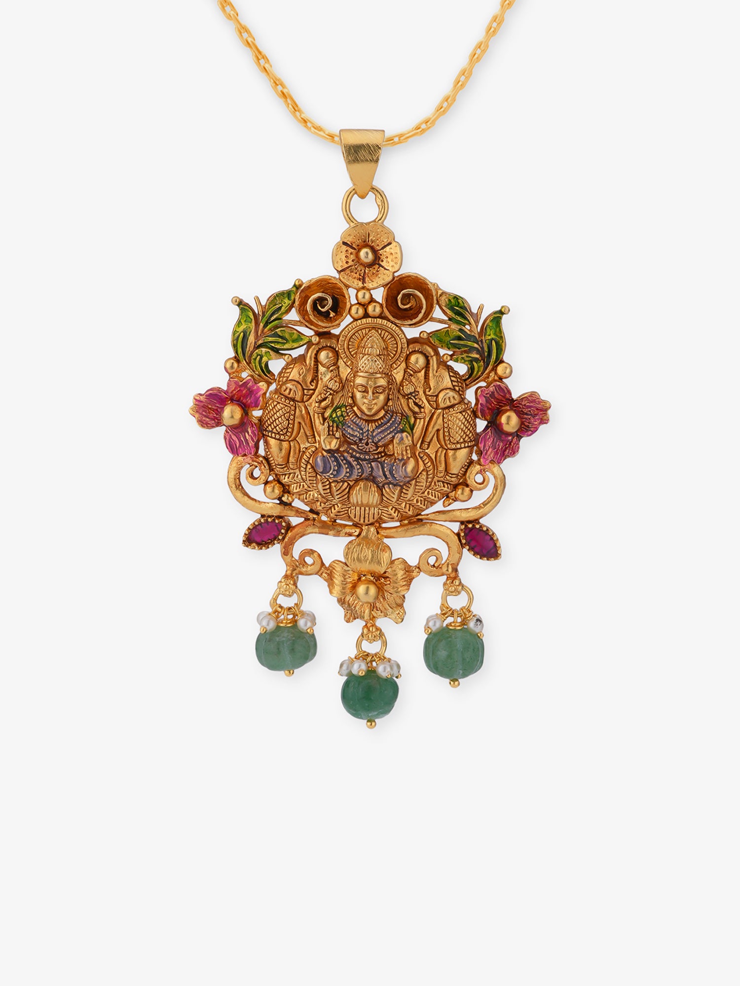 SIJA 925 Sterling Silver Gold Antique Lakshmi Devi Pendant — gold-plated full front view of traditional South Indian goddess pendant for women