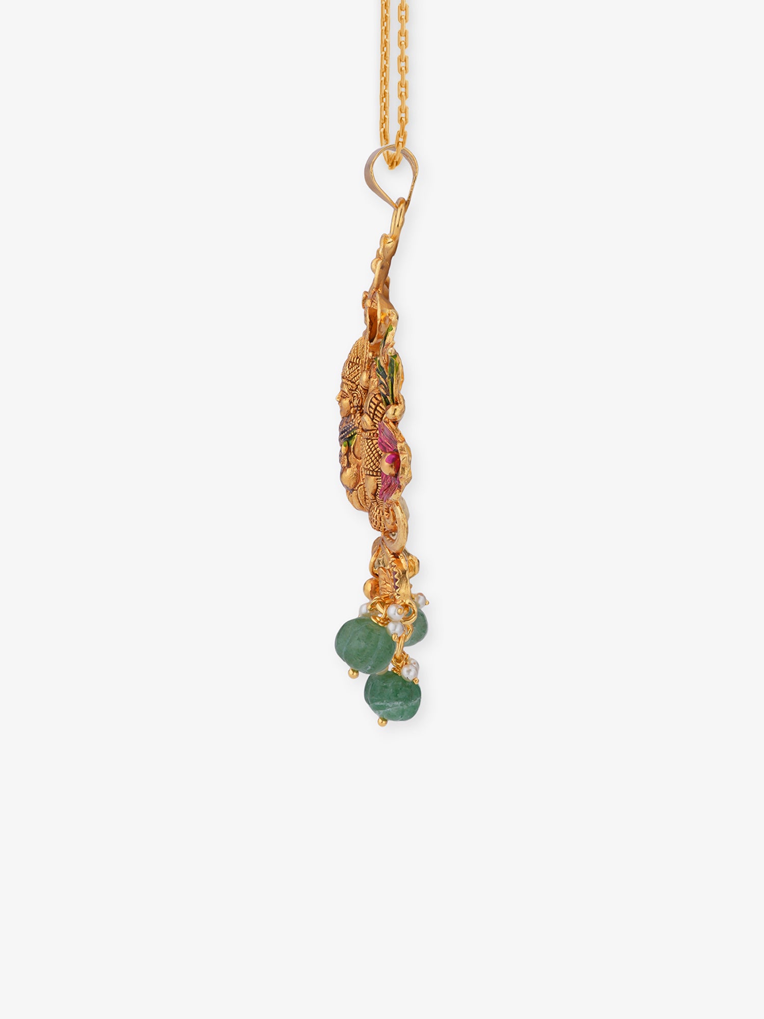 Side profile view of SIJA 925 silver gold antique Lakshmi Devi pendant — bail loop, pendant thickness, gold-plated edge finish, and chain compatibility reference for women