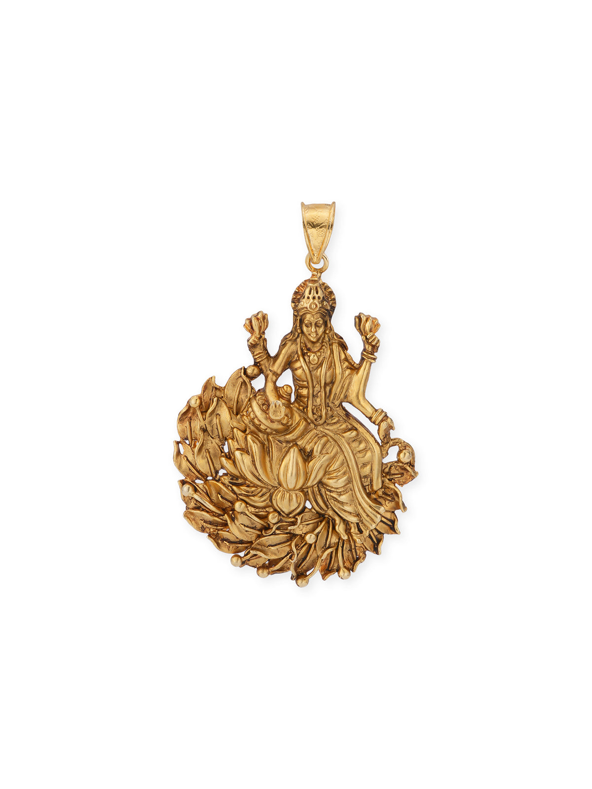 Side view of SIJA 92.5 silver antique gold plated Lakshmi Nagas pendant showing bail loop and smooth oxidised reverse finish