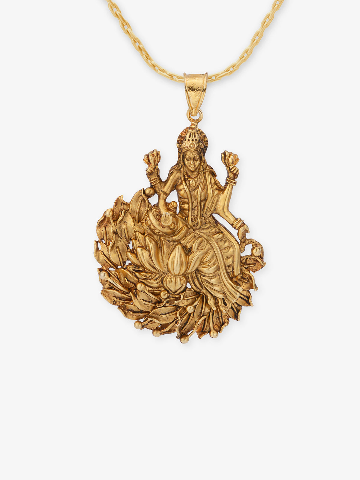 SIJA Gold Antique Lakshmi Nagas pendant in 925 sterling silver with antique gold plating, front view on white background