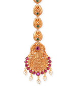 Close‑up of SIJA 925 silver gold plated Lakshmi Tikka showing goddess engraving fine detailing and handcrafted temple jewellery design for festive wear