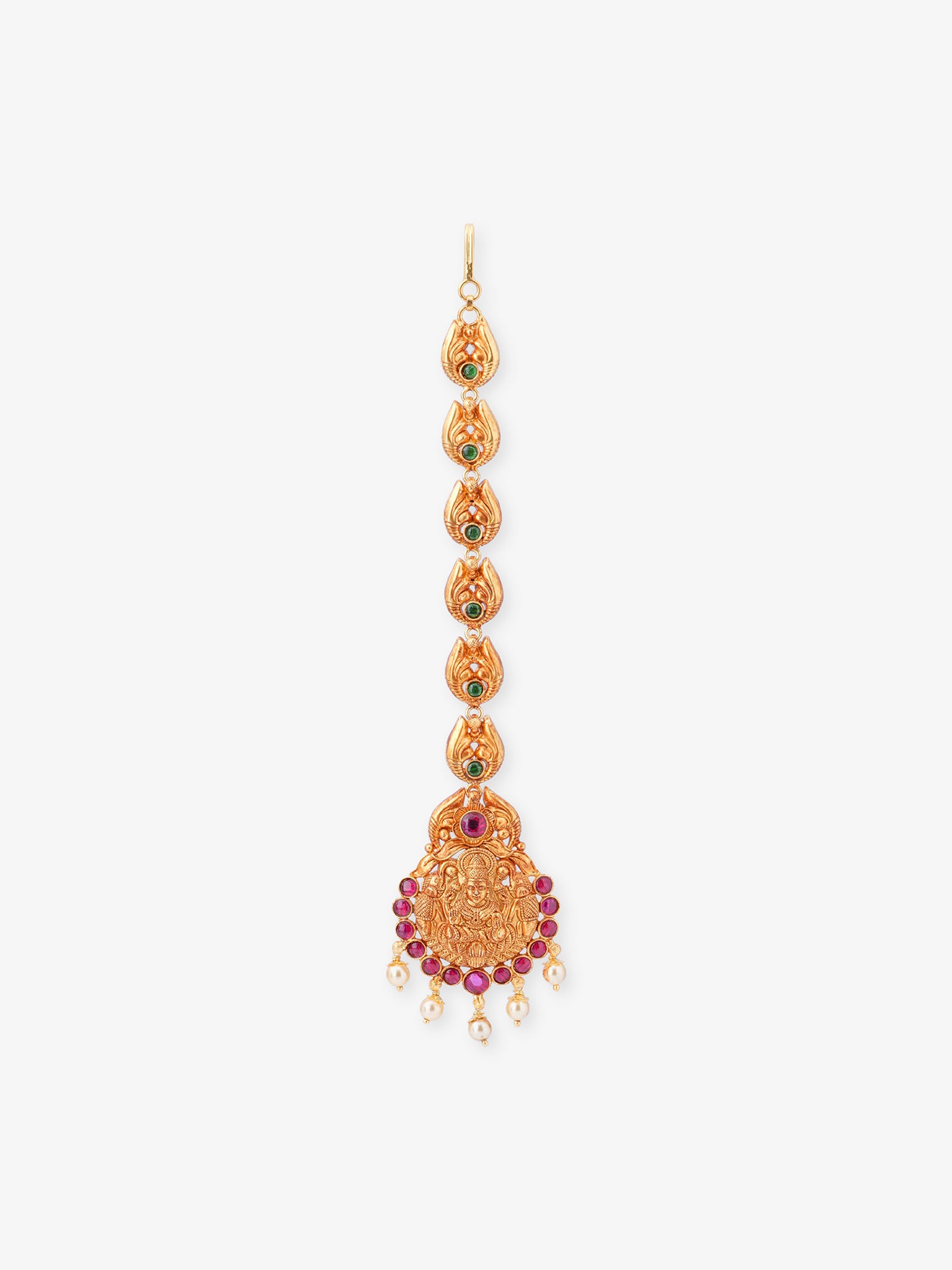 SIJA 925 Silver Gold Antique Lakshmi Tikka gold plated temple jewellery full front hero view traditional South Indian goddess head ornament for women