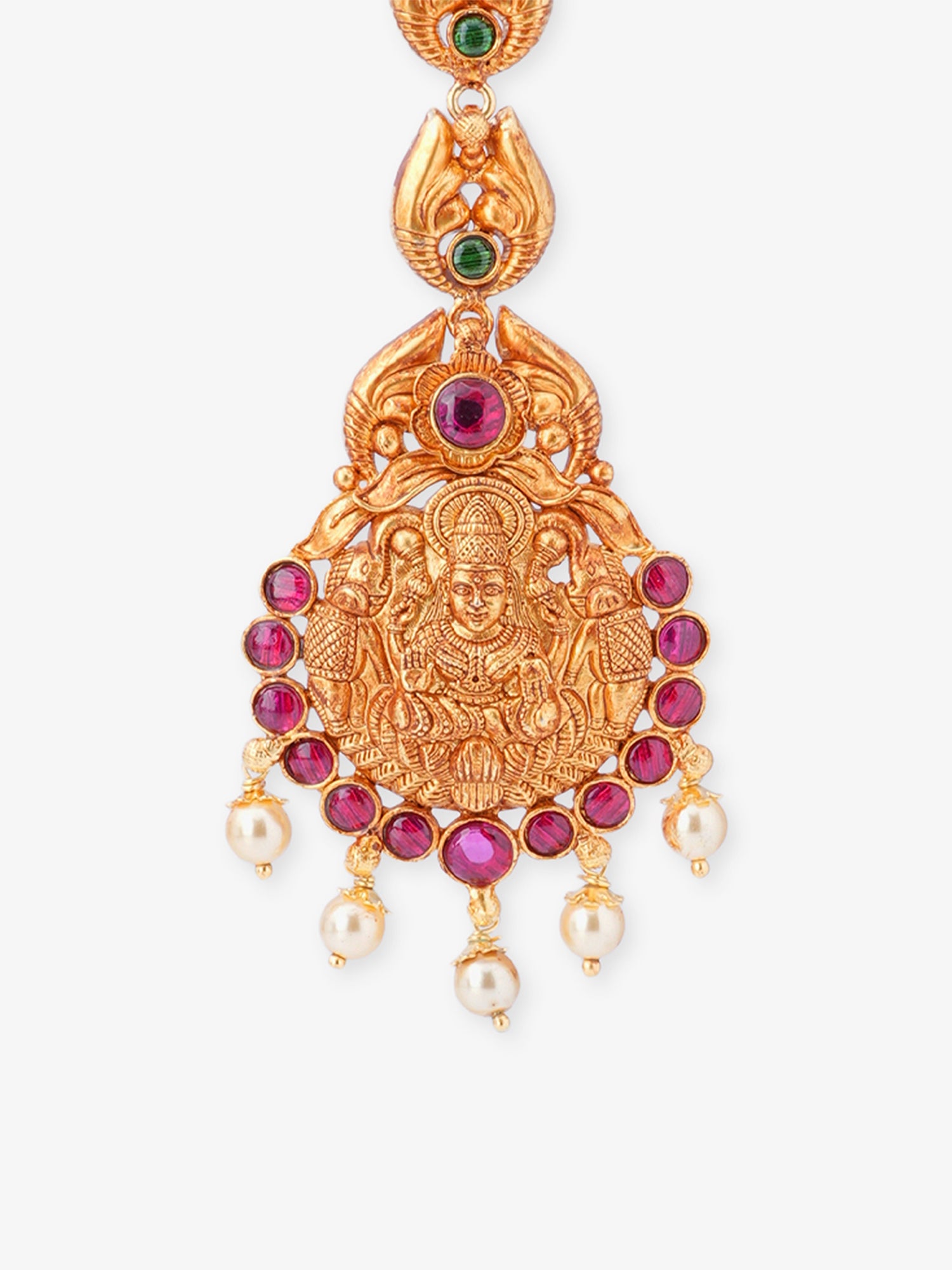 Detailed view of antique polish finish on SIJA 925 silver gold plated Lakshmi Tikka highlighting ornamental craftsmanship and devotional temple jewellery style