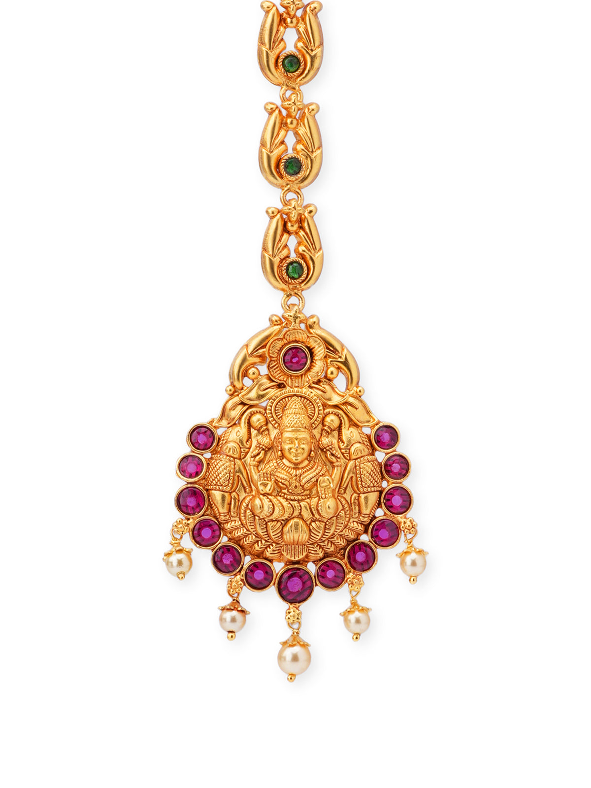 Close‑up of SIJA 925 silver gold polish Lakshmi Tikka showing goddess engraving fine detailing and handcrafted temple jewellery design for festive wear