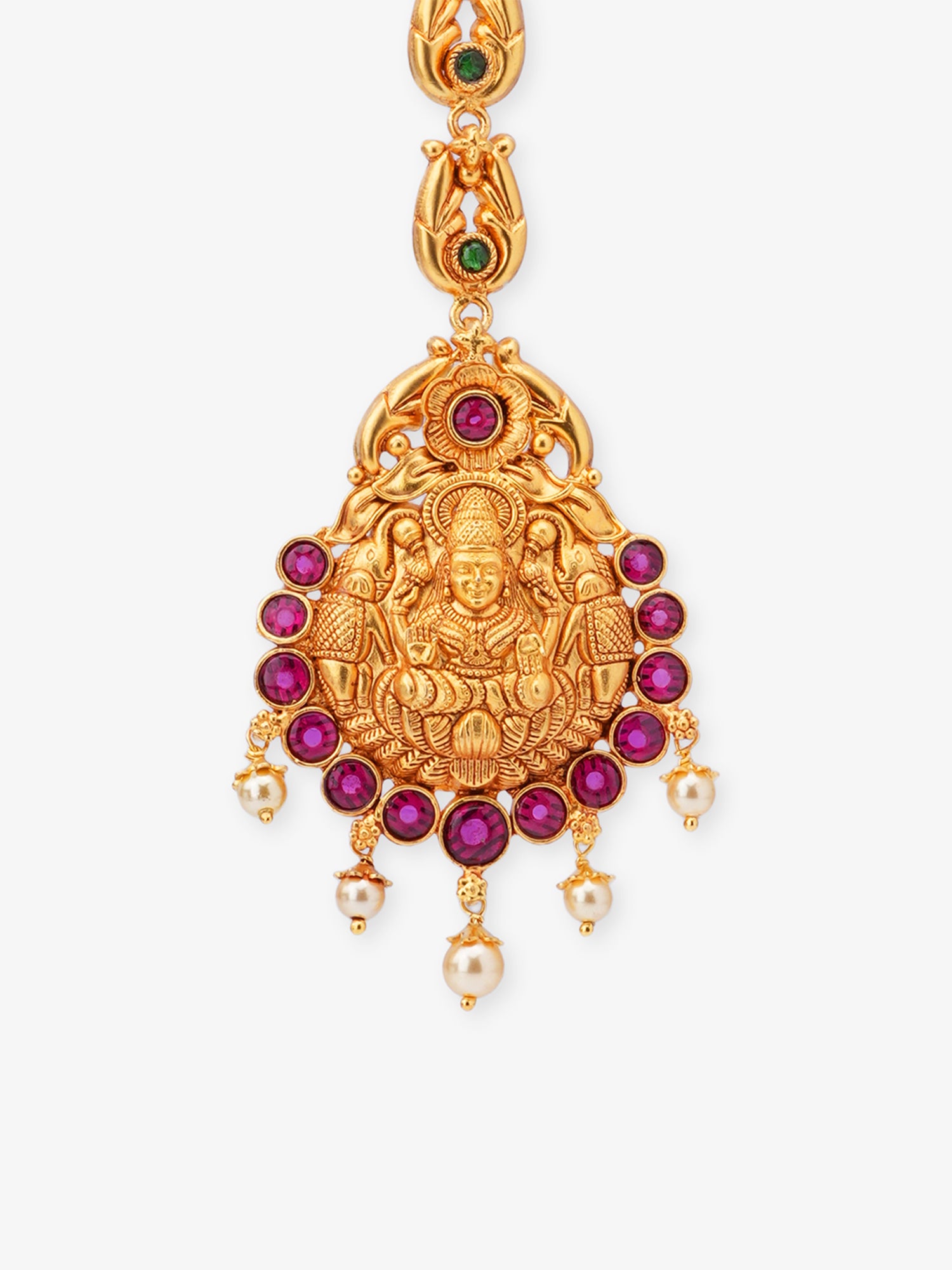 Close‑up of SIJA 925 silver gold polish Lakshmi Tikka showing goddess engraving fine detailing and handcrafted temple jewellery design for festive wear