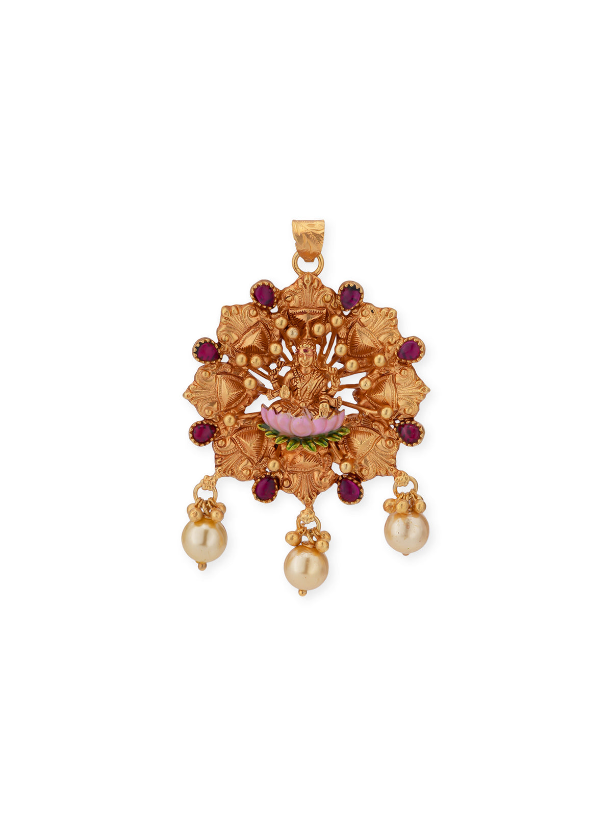 Side view of SIJA 92.5 silver antique gold plated Vara Lakshmi pendant showing bail loop and smooth reverse finish