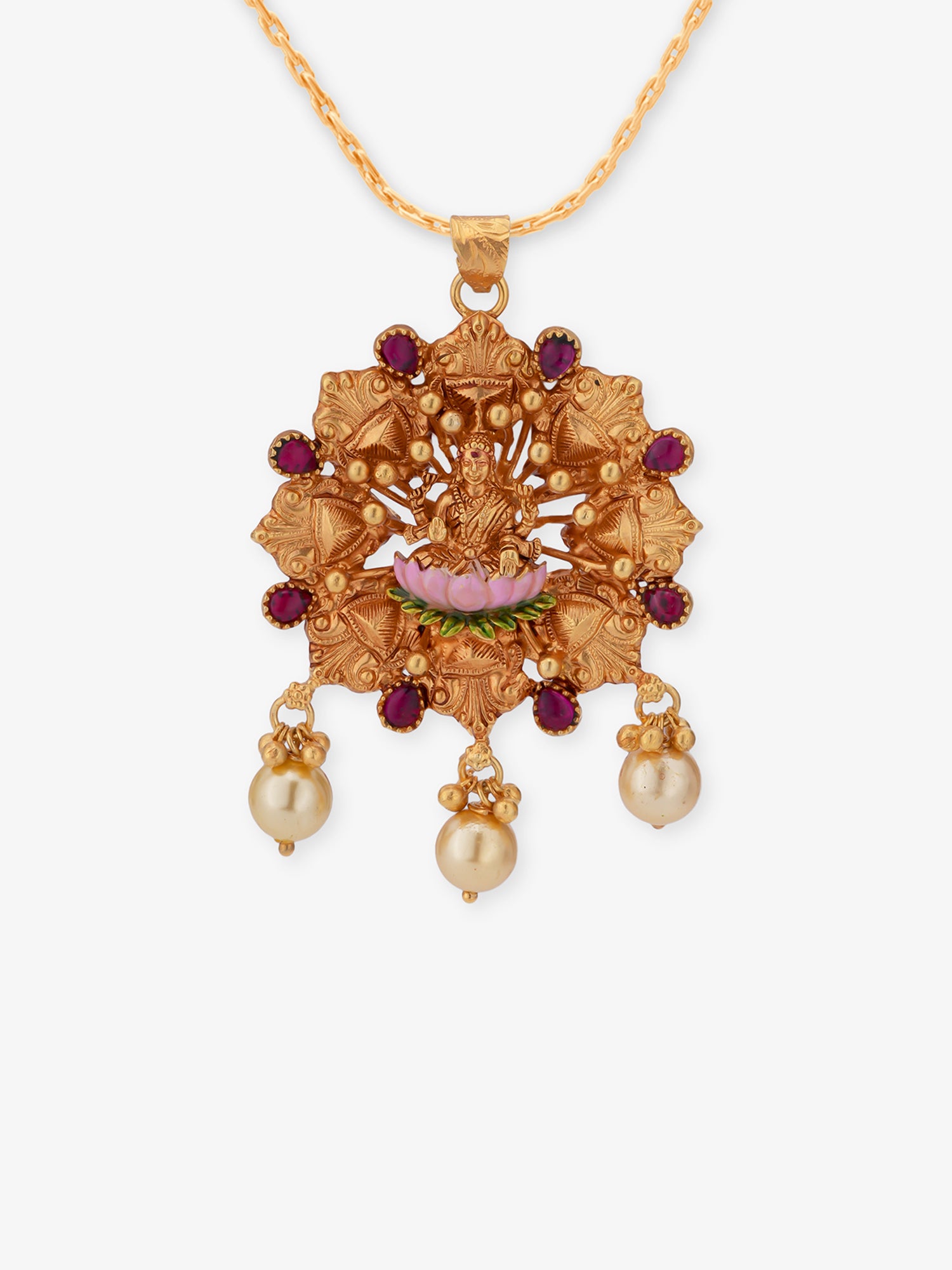 SIJA Gold Antique Vara Lakshmi pendant in 925 sterling silver with antique gold plating, front view on white background