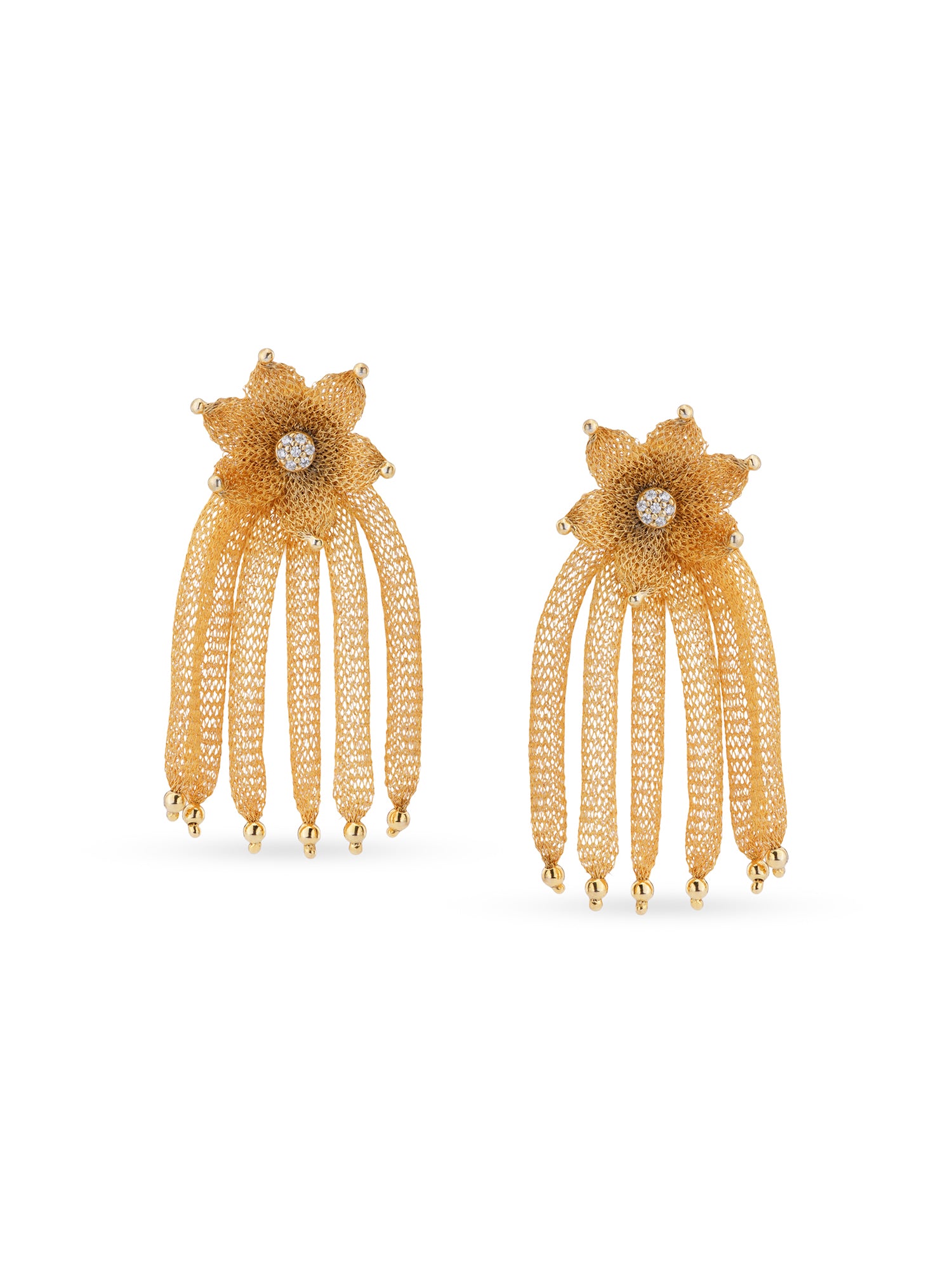 Detailed view of SIJA 925 silver Gold Flower Mesh Earrings highlighting ornamental finish and polished gold plated craftsmanship