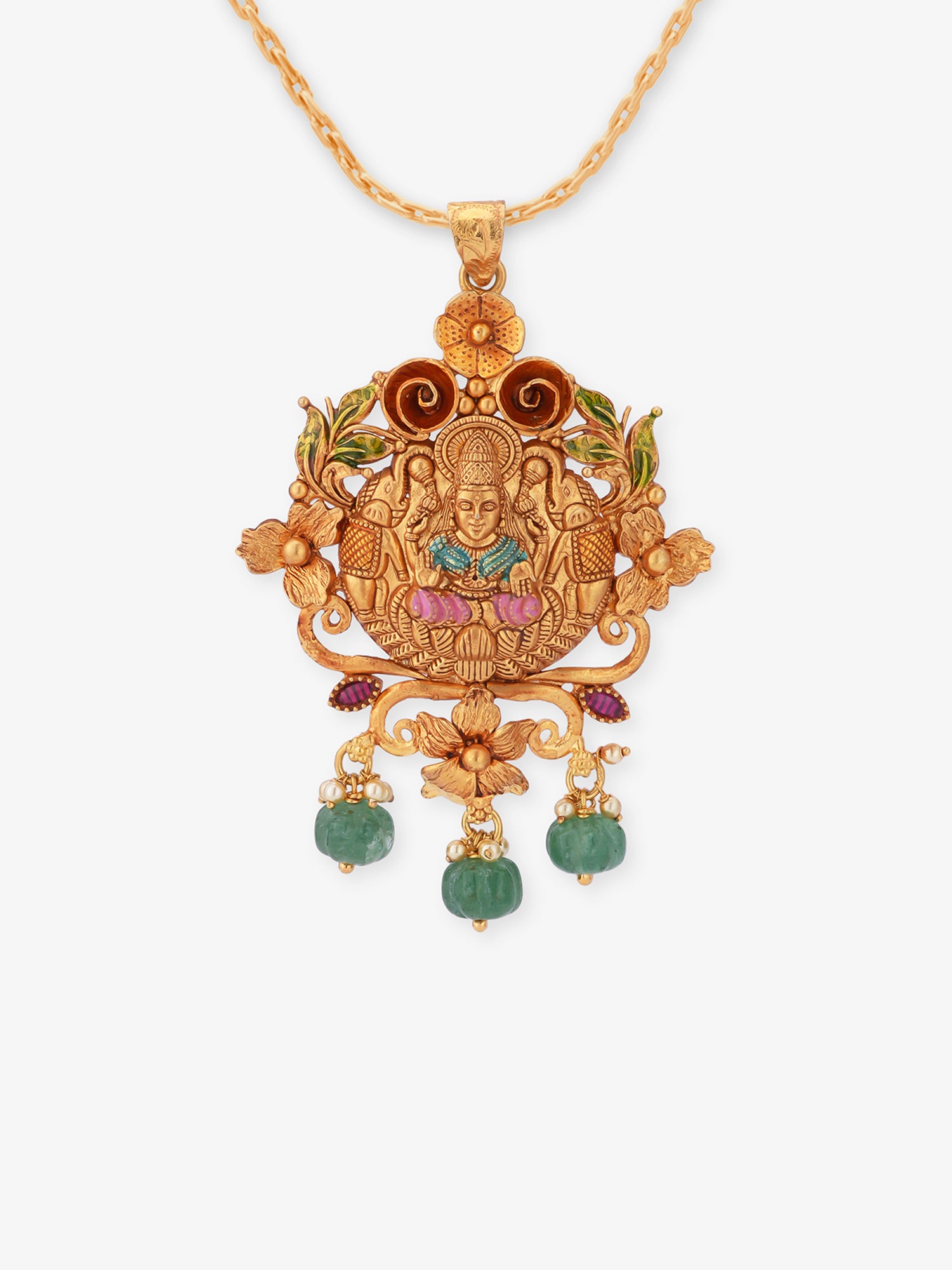 SIJA Gold Gaja Lakshmi pendant in 925 sterling silver with gold plating and green pearl, front view on white background