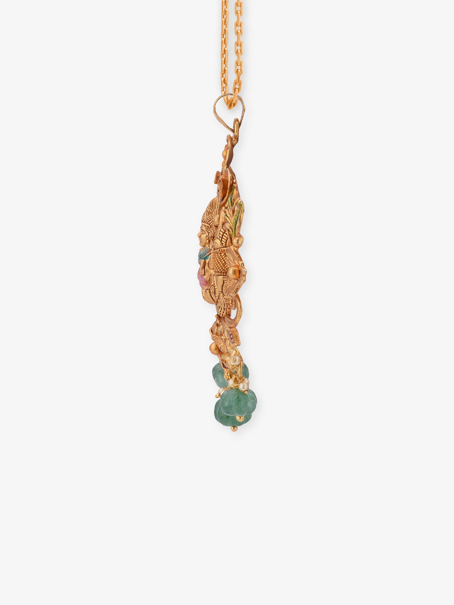 Side view of SIJA 92.5 silver Gaja Lakshmi gold plated pendant showing bail loop, smooth reverse finish and green pearl setting