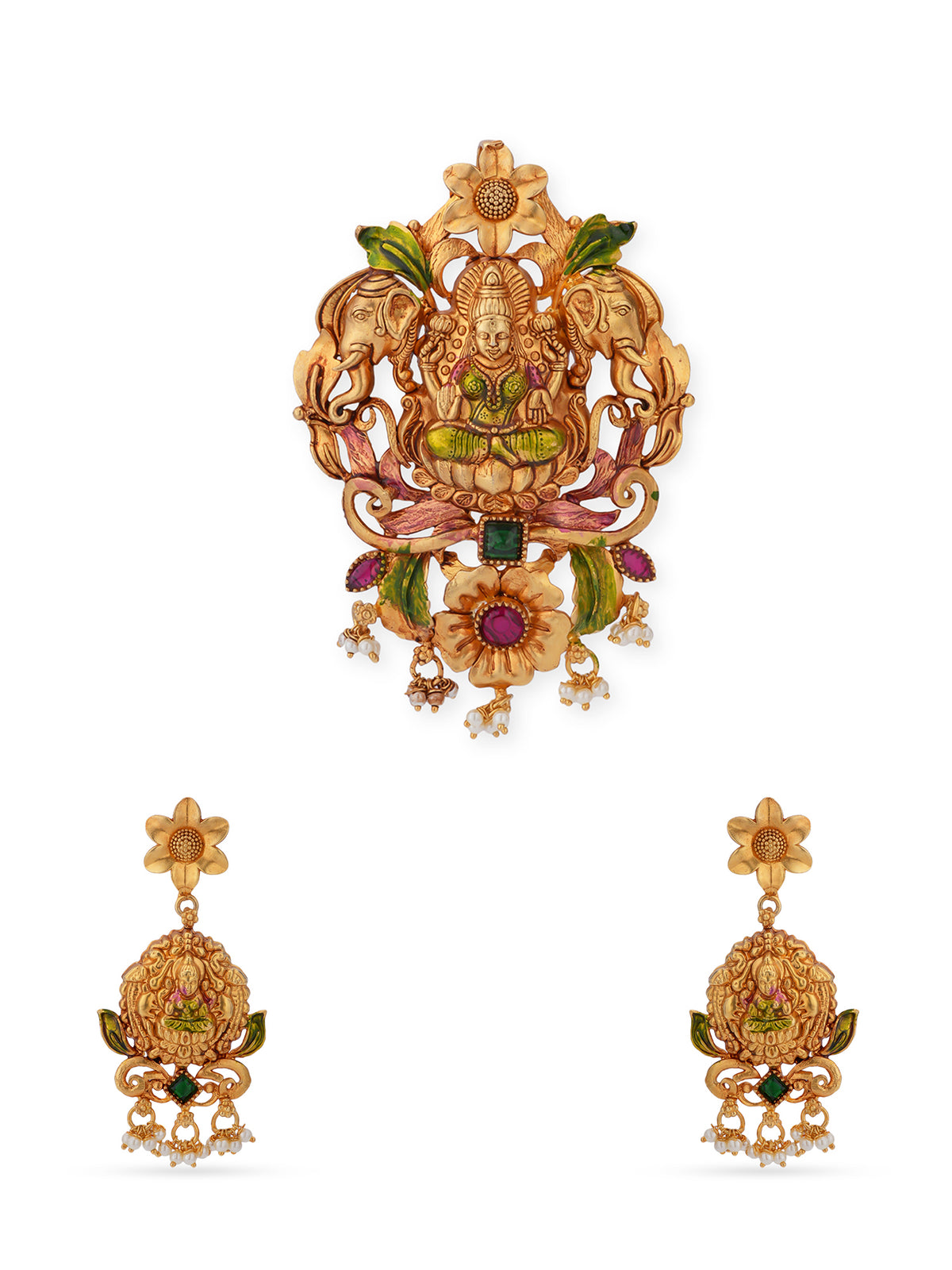SIJA gold Gaja Lakshmi pendant and pearl earring set worn by woman — 925 sterling silver gold plated religious jewellery set