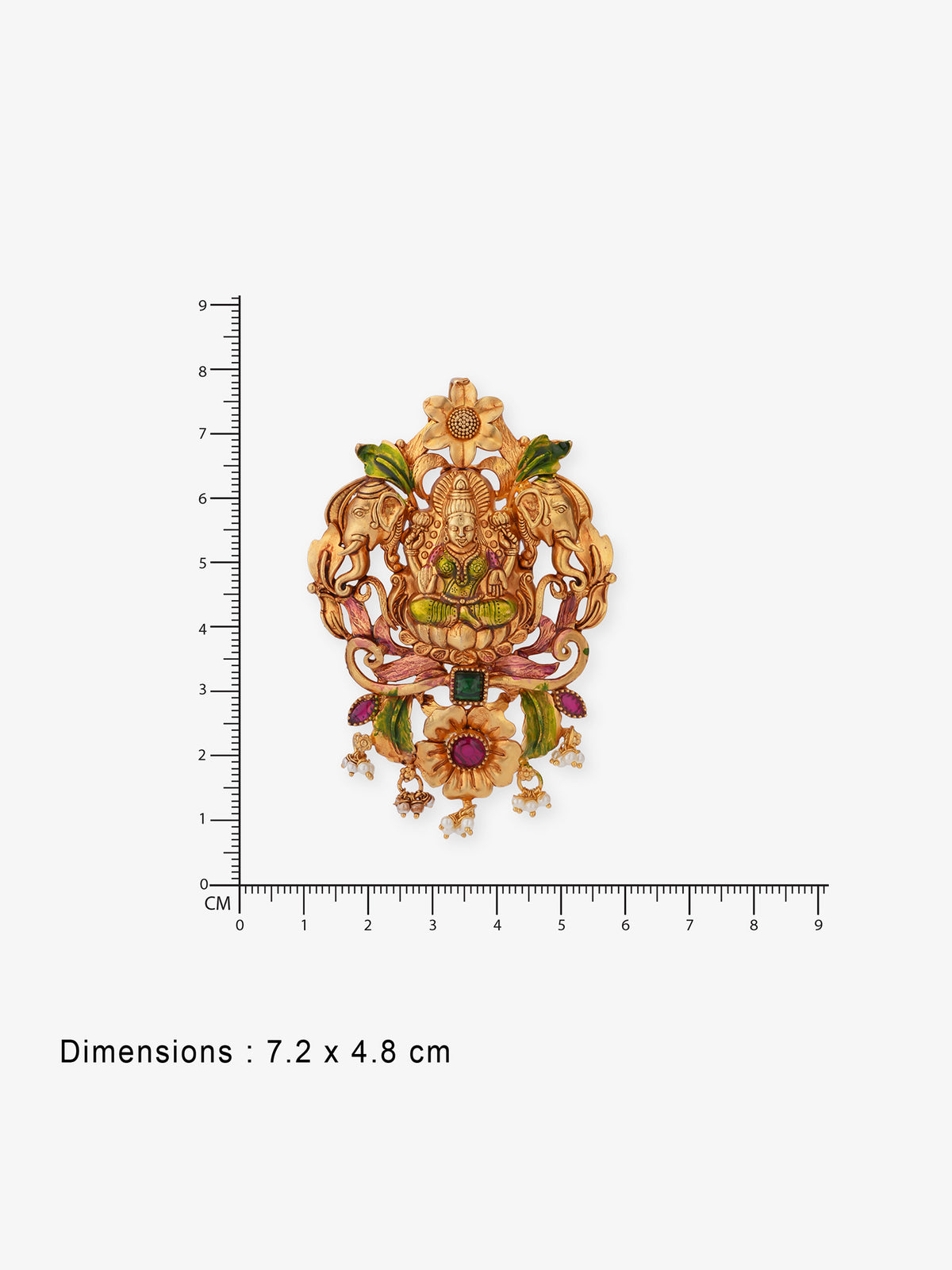 Close up  view of SIJA Gaja Lakshmi pendant showing 925 hallmark stamp  certified sterling silver gold-plated devotional pendant with white pearl.