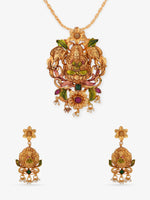 SIJA 925 Sterling Silver Gold Gaja Lakshmi Pendant and Earring Set with white pearl gold-plated full jewellery set front view for women