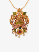 Close-up of SIJA gold-plated Gaja Lakshmi 925 silver pendant  antique gold finish with white pearl embellishment and traditional elephant goddess motif
