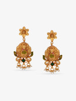 Close-up of SIJA 925 silver Gaja Lakshmi gold-plated earrings with white pearl drops  traditional South Indian stud earrings for festive and temple wear