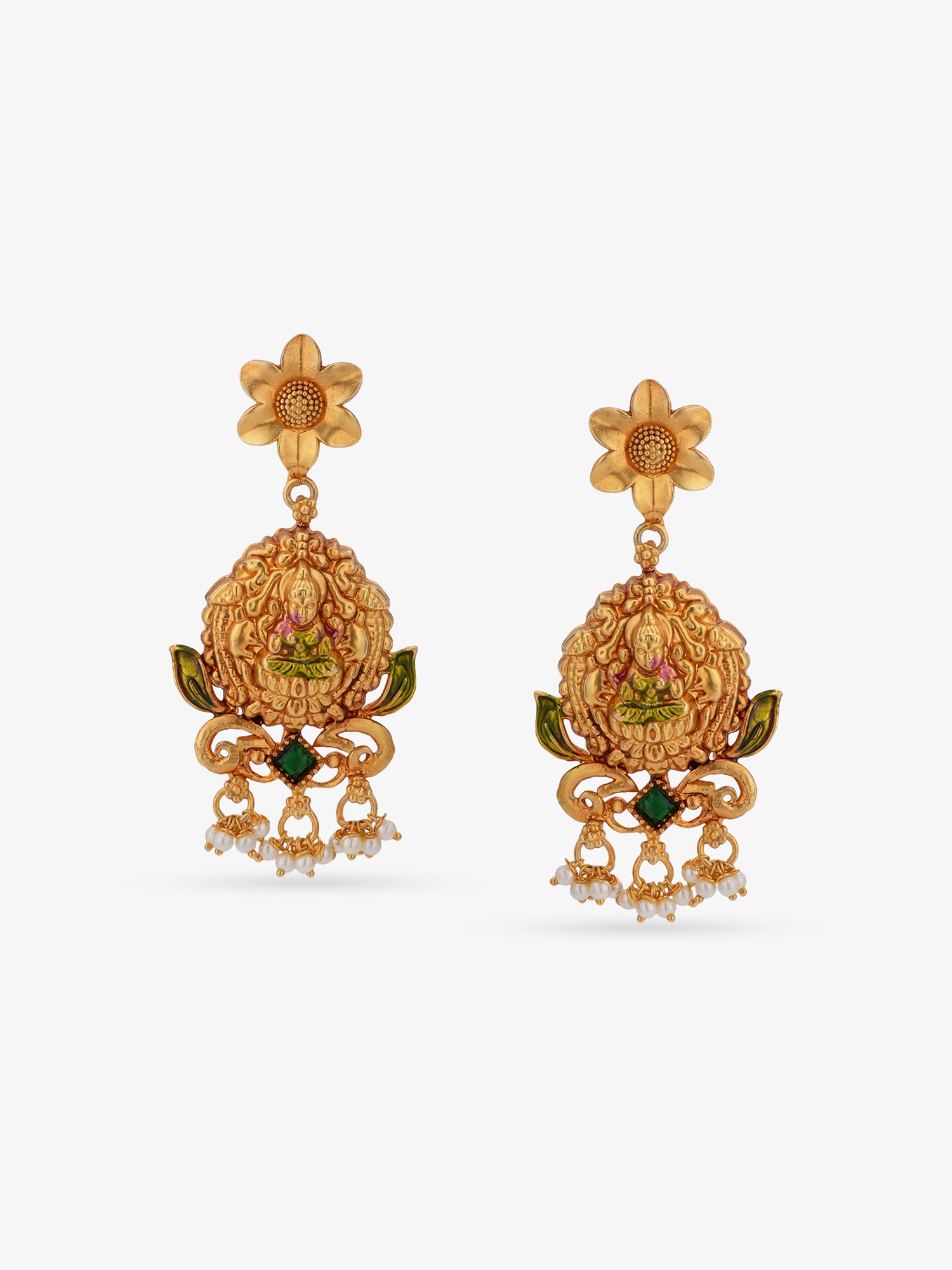 Close-up of SIJA 925 silver Gaja Lakshmi gold-plated earrings with white pearl drops  traditional South Indian stud earrings for festive and temple wear