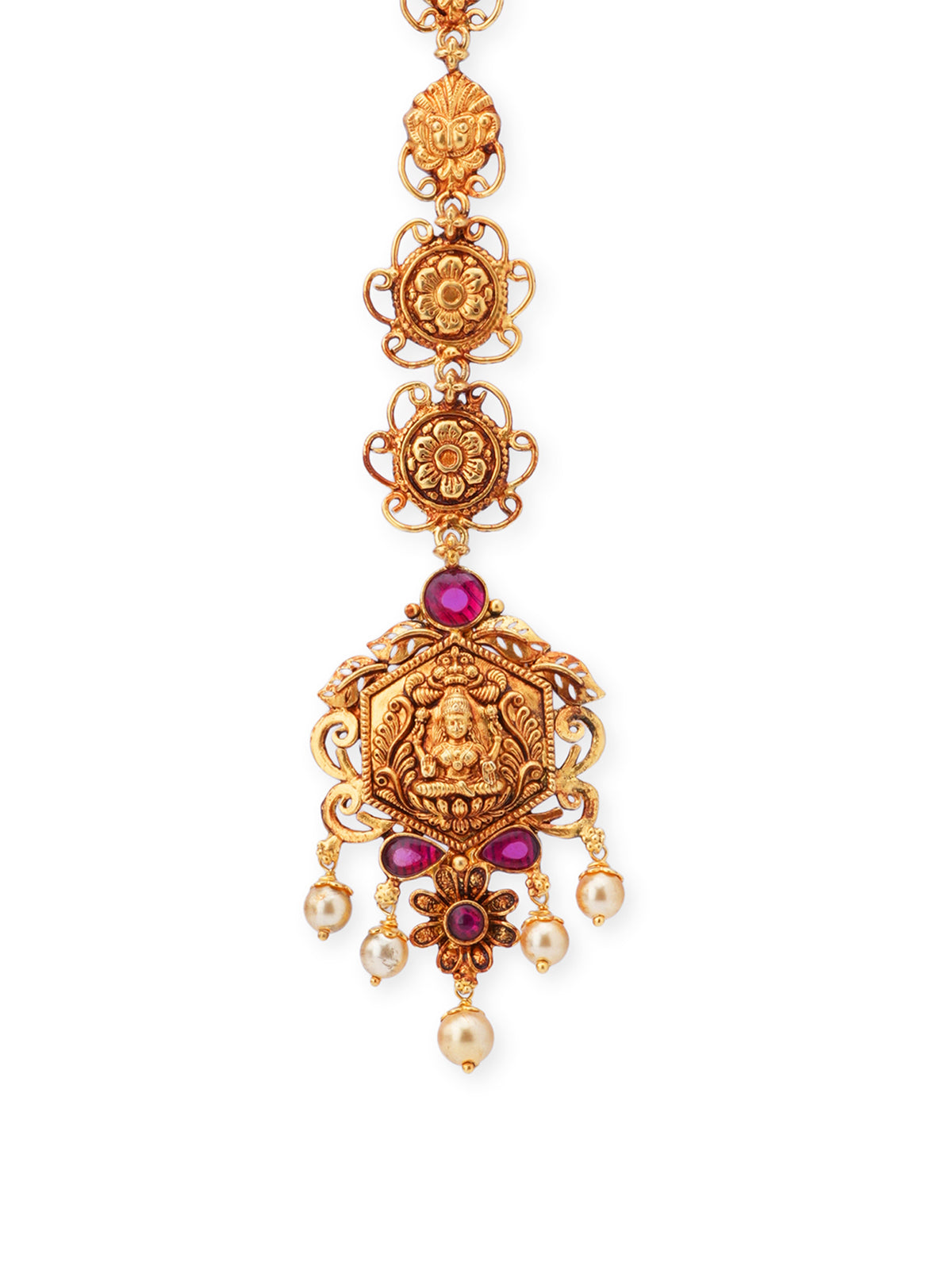 Close‑up of SIJA 925 silver gold plated Lakshmi Tikka showing goddess engraving fine detailing and handcrafted temple jewellery design for festive wear