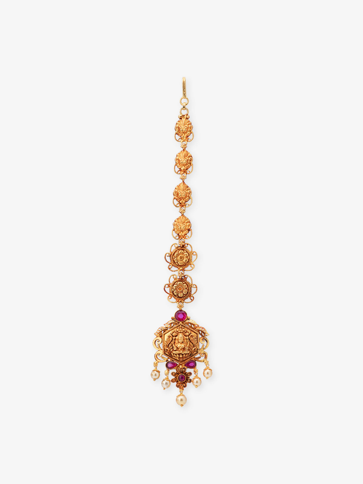 SIJA 925 Silver Gold Lakshmi and Floral Tikka gold plated temple jewellery full front hero view traditional South Indian goddess head ornament for women