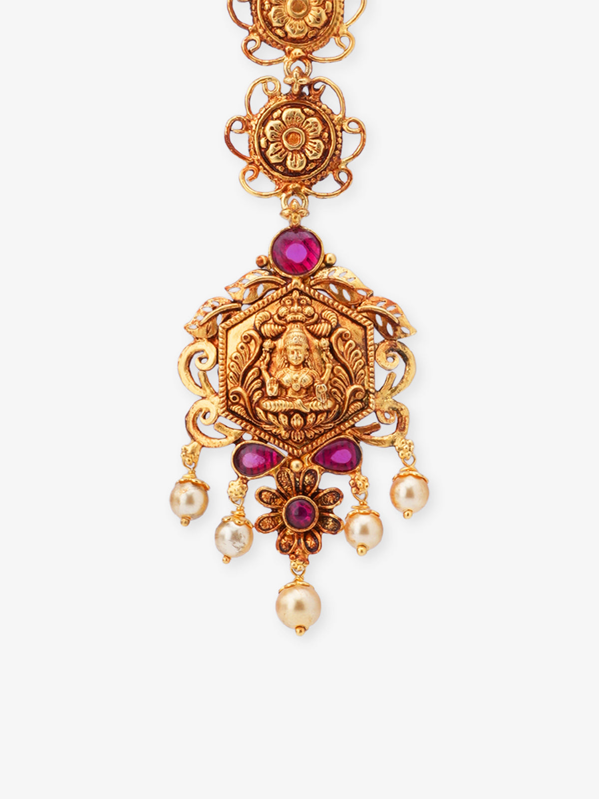 Close‑up of SIJA 925 silver gold plated Lakshmi Tikka showing goddess engraving fine detailing and handcrafted temple jewellery design for festive wear