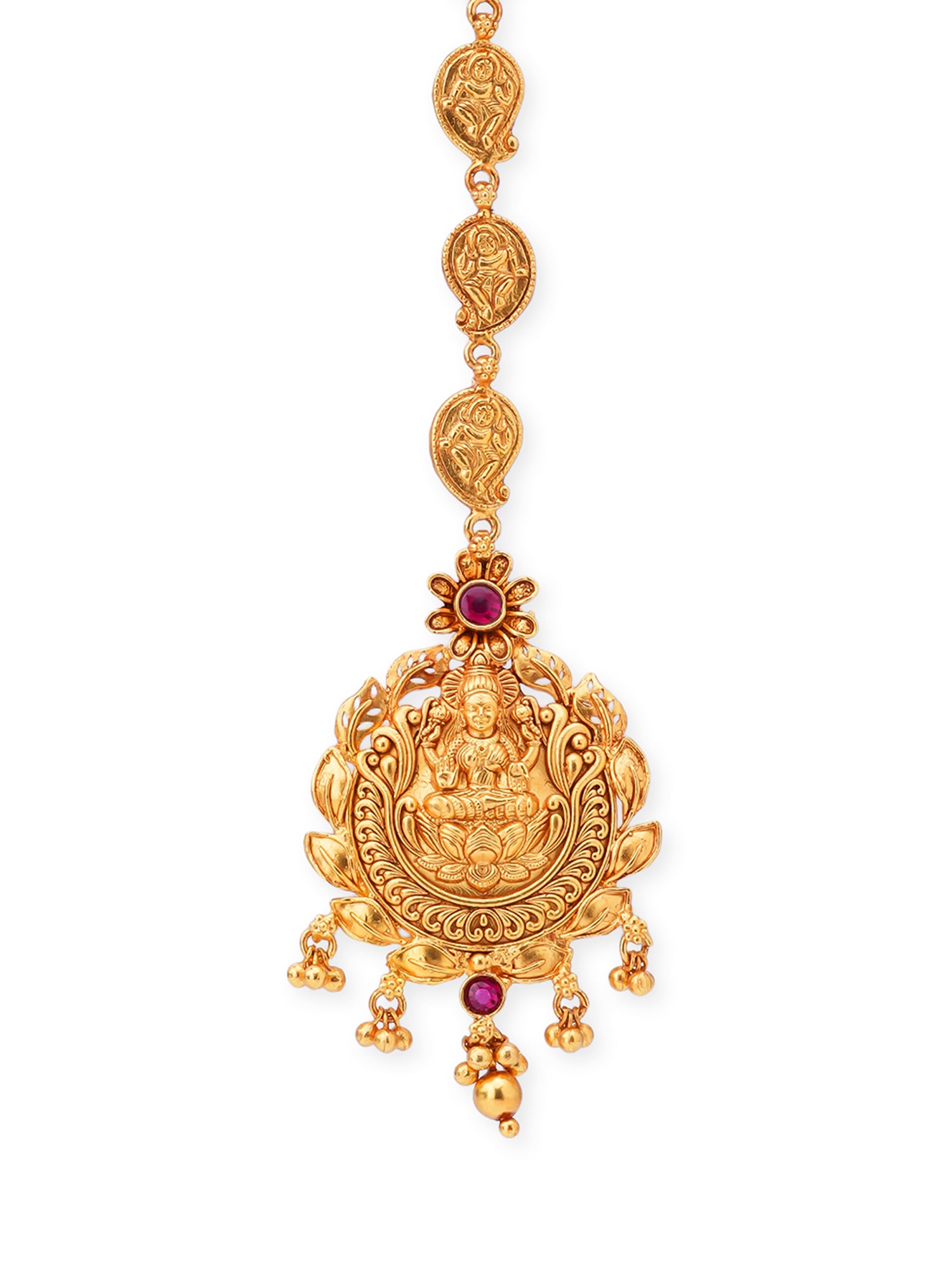 Close‑up of SIJA 925 silver gold plated Lakshmi Tikka showing goddess engraving fine detailing and handcrafted temple jewellery design for festive wear