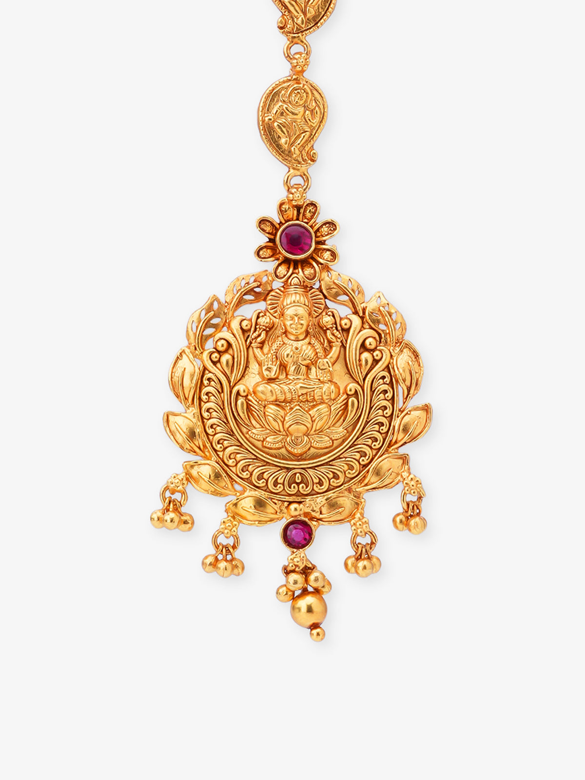 Close‑up of SIJA 925 silver gold plated Lakshmi Tikka showing goddess engraving fine detailing and handcrafted temple jewellery design for festive wear