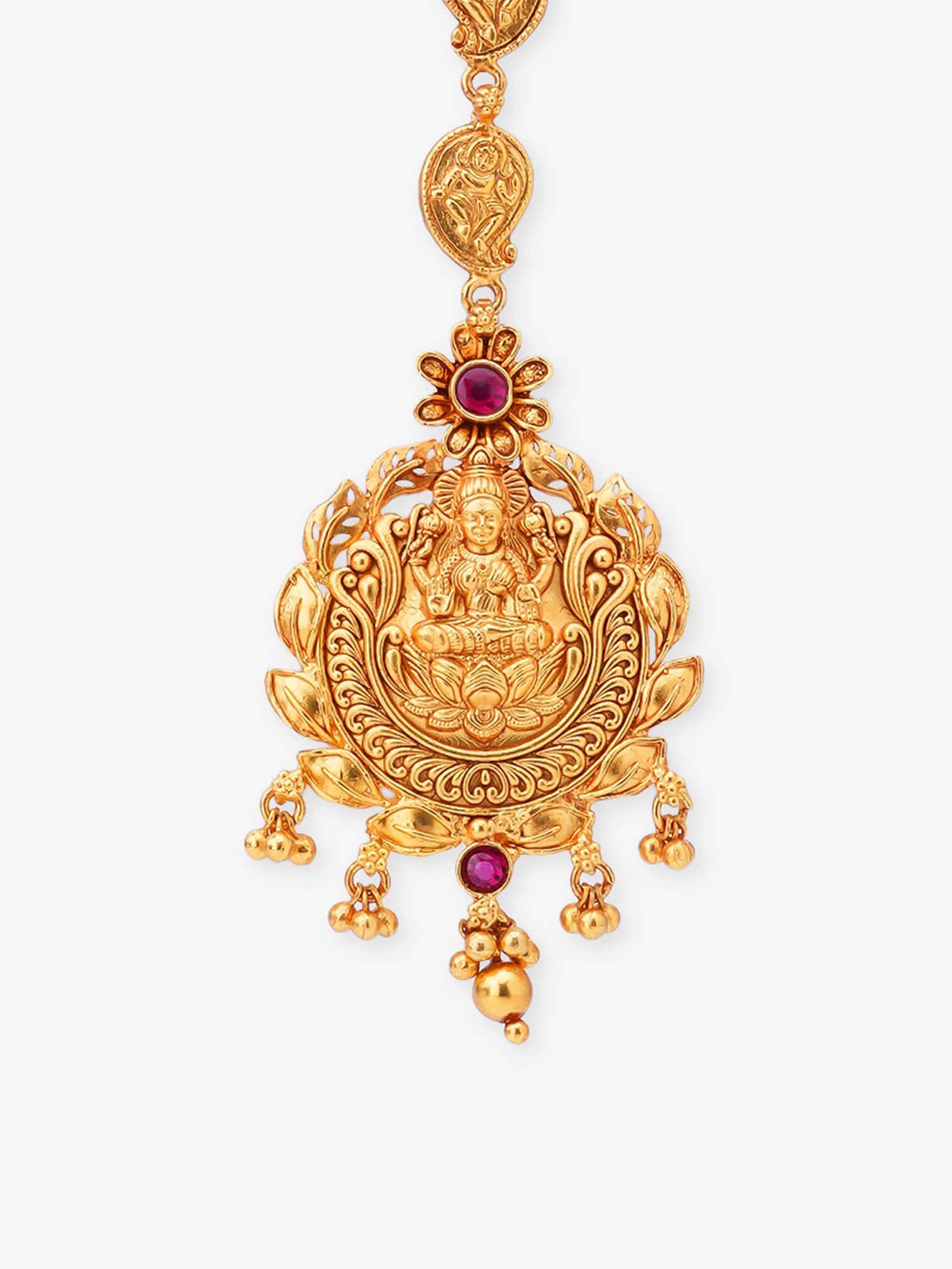 Close‑up of SIJA 925 silver gold plated Lakshmi Tikka showing goddess engraving fine detailing and handcrafted temple jewellery design for festive wear